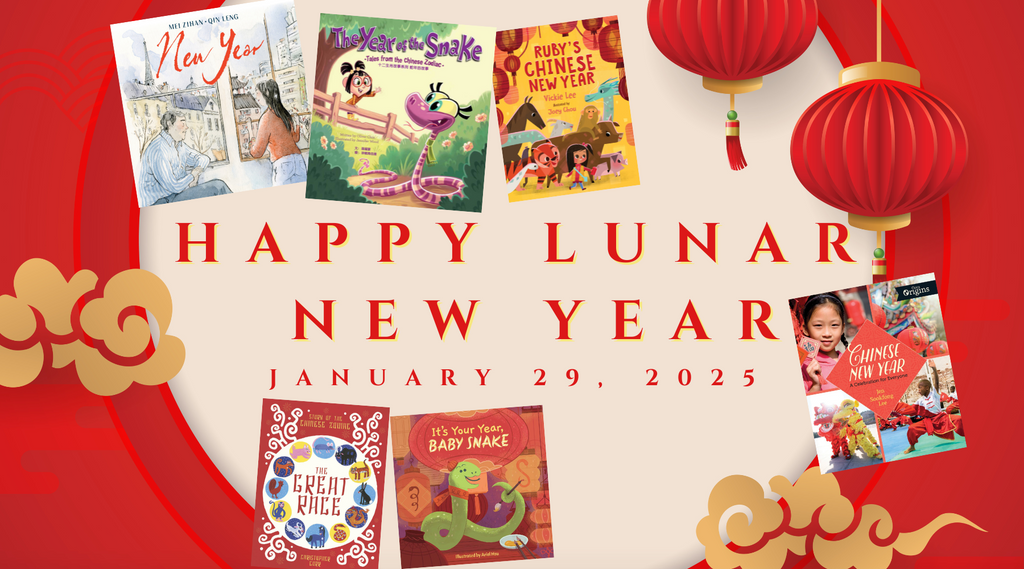 Happy Lunar New Year written in red lettering with gold designs decorating the background.